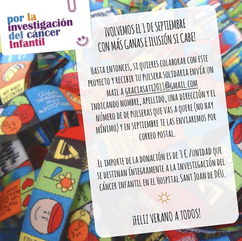 graciasati2011's tweet photo. Nos vamos de vacaciones! Volvemos en septiembre con más ilusión si cabe “por la Investigación del cáncer infantil”. 

☀️¡FELIZ ☀ VERANO ! ☀️
#AyudarEstáEnTuMano #PulseraSolidaria #Investigación #CáncerInfantil #GrandesValientes

Juntos podemos lograr mucho más! https://t.co/mNRLyLnrx5