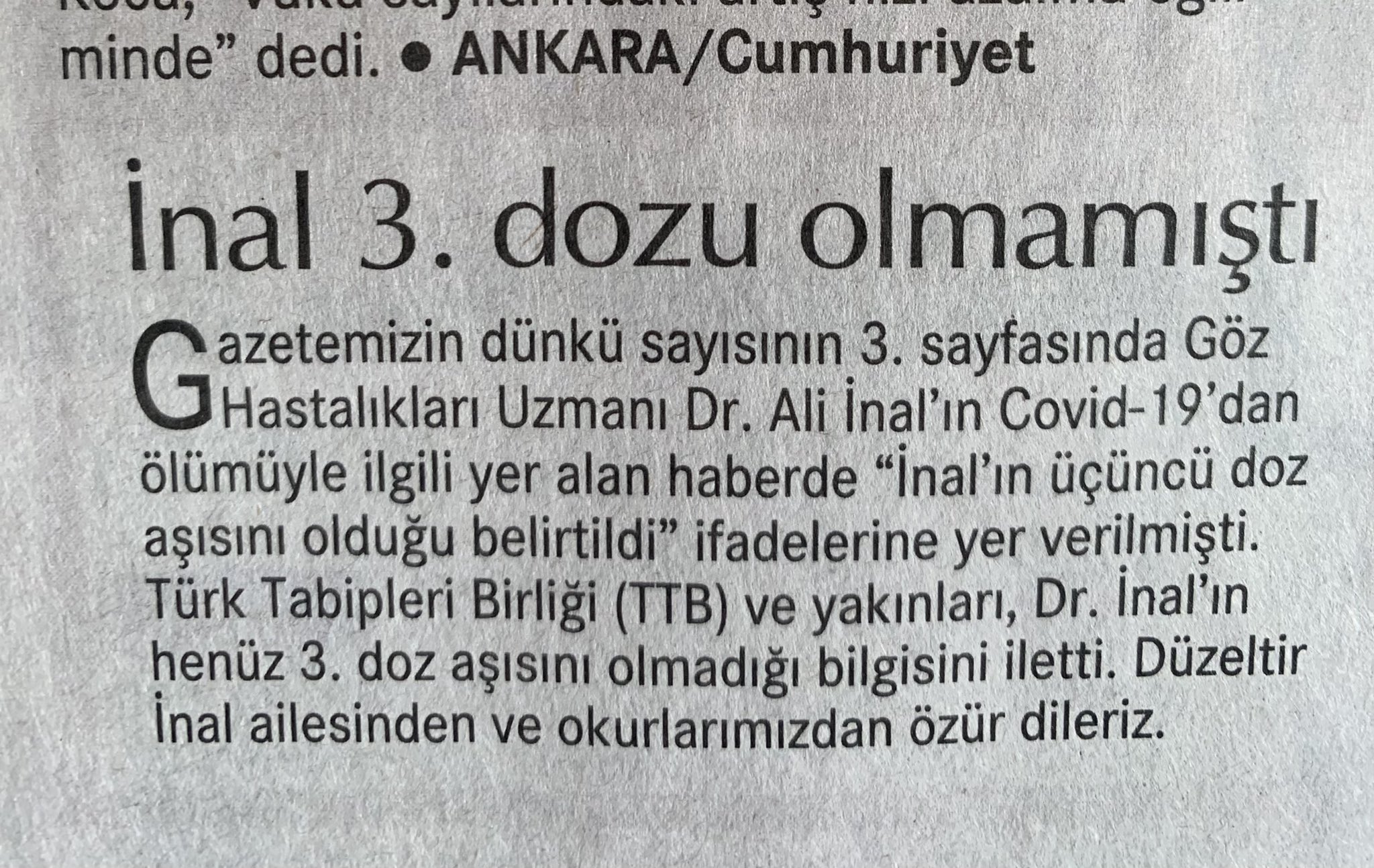 Istanbul Tabip Odasi On Twitter Cumhuriyet Gazetesi Dun Yayimladigi Ve Covid 19 Asisina Guvensizlik Yaratabilecek Haberini Duzeltti Meslektasimiz 3 Doz Asi Olmaya Firsat Bulamamisti Risk Grubunda Yer Alan Ve Daha Once 2 Doz
