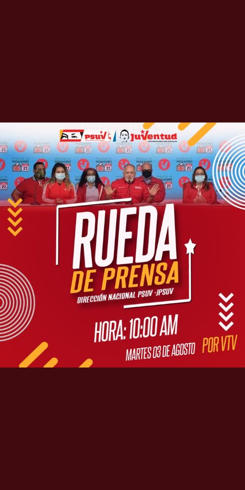 @ELIANAGT38 @VTVcanal8 @NicolasMaduro @DayraMRivasR @fotoecocultura @OncaTvR @Mippcivzla @JauaMiranda @PartidoPSUV @PresidencialVen #CuidémonosDelCovid19 ¡#EpaPSUV2021 Rueda d Prensa: 'DIRECCIÓN NACIONAL PSUV-JPSUV' hoy Martes 3 de Agosto por @VTVcanal8 ! @NicolasMaduro @Mippcivzla @luchaalmada @DayraMRivasR @PartidoPSUV @JauaMiranda @PresidencialVen @fotoecocultura @BattleWinner3 @yanislumar @MaikelLucenaVE