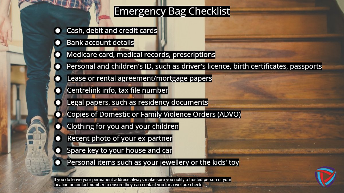 protective_au's tweet photo. Do you have an emergency bag ready with essential items and documents should you need to leave your home urgently due to a dangerous situation?
Protective Group have complied a list of items that maybe needed if you need to leave your home quickly.
#dvsafety #domesticviolence https://t.co/PeZQpZnWFk