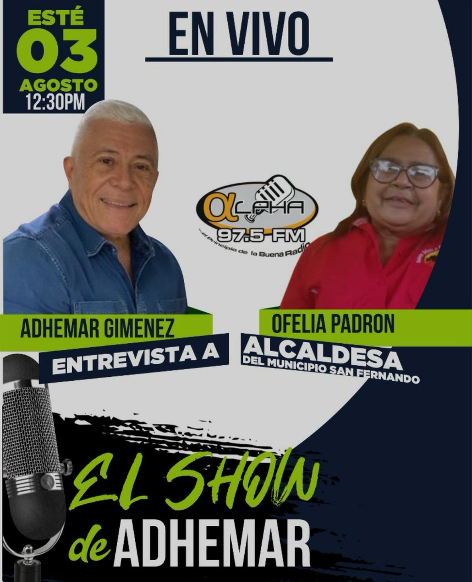 ApureBatalla4F's tweet photo. #2Ago #ApurePSUV 🚨Vamos Tod★s a Sintonizar Este #3Ago a Las 12:30pm Entrevista a Nuestra Pre-Candidata Alcaldesa Del Municipio San Fernando Prof. Ofelia Padrón, Por La Emisora #Alpha975fm En El Programa "El Show De Adhemar" 
.
@NicolasMaduro
#EpaPSUV2021
#CuidemonosDelCovid19 https://t.co/pfpA0Ur5h7