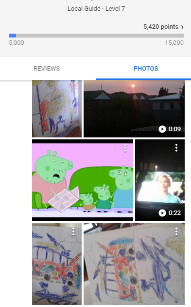 dejanseo's tweet photo. A little boy uses mommy's phone, joins Local Guides, leaves 925 photos, 89 videos, reviews 11 places and even 3 approved edits. He's now a Level 7 and his work includes screenshots from Peppa Pig, The Sound of Music, crayon drawings and random 10 second snippets of their life. https://t.co/ICQgrjABBM