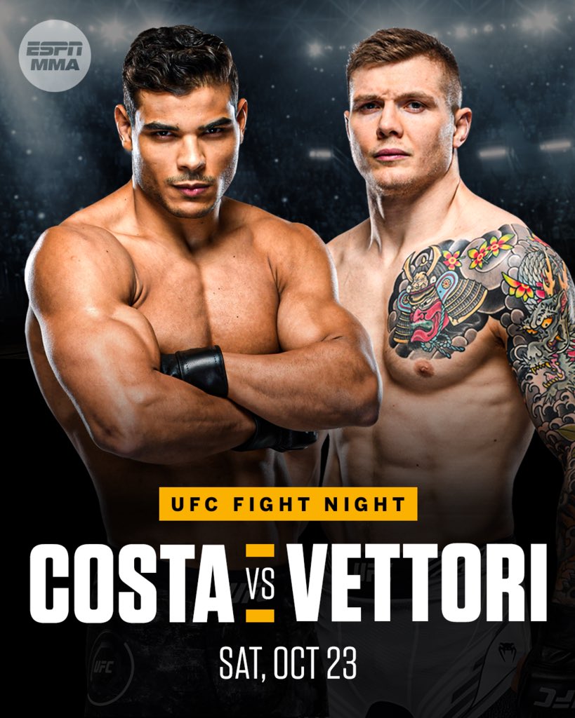 Brett Okamoto on Twitter: &quot;Paulo Costa (@BorrachinhaMMA) vs. Marvin Vettori  (@MarvinVettori) is being finalized to headline a UFC Fight Night event on  Oct. 23, per multiple sources. Costa&#39;s side wanted it. Vettori&#39;s