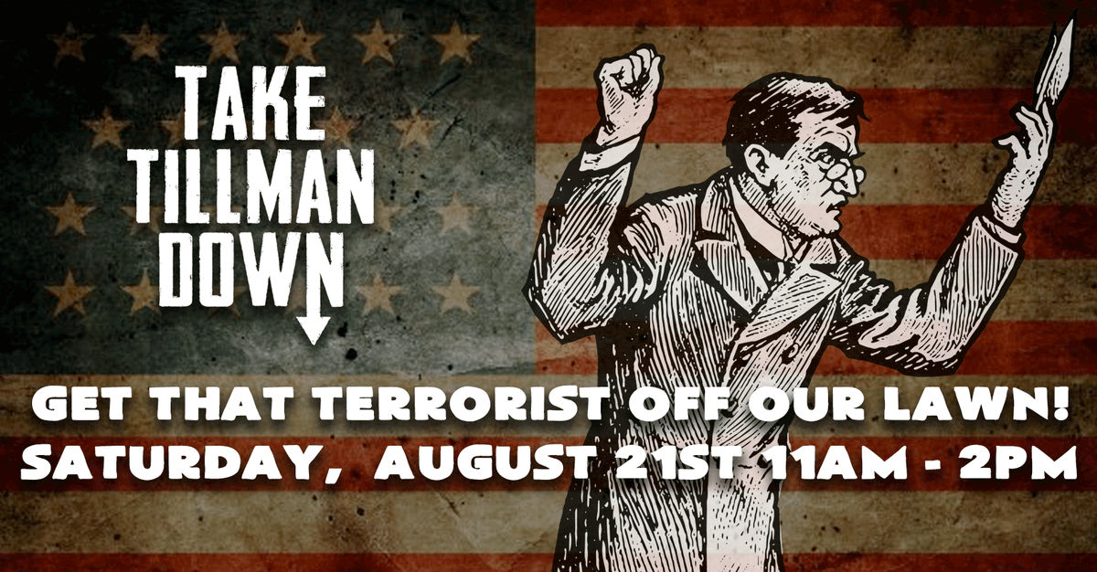 TakeTillmanDown's tweet photo. @JemarTisby If you ever find yourself in SC we'd be honored if you'd join us for one of our monthly protests! 
That statue has been up for 81 years. It's going to take a lot of people making a lot of noise for this state to do the right thing. #howtofightracism 

It's time! https://t.co/qqk8rL7XJ8