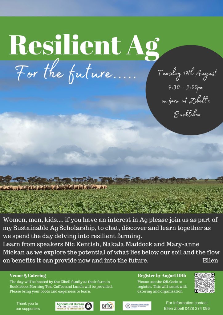 EllenZibell's tweet photo. While your coming to the @BFIGSA Ag tech day why not come a day earlier and check out this day too.#resilientag #learning #sustainableagscholarship #ag_bureau #futurefarming #regenag #eyrepeninsula #womeninag #rcs #nutrisoil #korinyafarmgate #ellenzibell #dew https://t.co/JR86Xmks7w