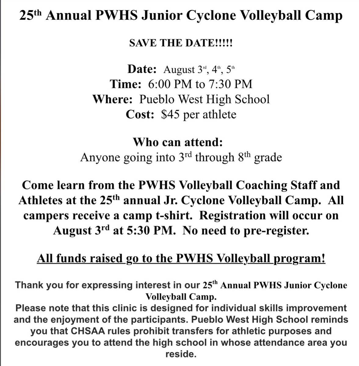 Zach Odell (@odellzr) on Twitter photo Come tomorrow (8/3) night for the @PWHSVolleyball 25th Annual Youth Volleyball Camp. Anyone going into 3rd-8th Grade is welcome! Registration ($45) starts at 5:30 PM and all campers receive a <a href="/cyclonespwhs/">Cyclone Athletics</a> Volleyball T-shirt. See info in the photo below. Come tomorrow (8/3) night for the @PWHSVolleyball 25th Annual Youth Volleyball Camp. Anyone going into 3rd-8th Grade is welcome! Registration ($45) starts at 5:30 PM and all campers receive a <a href="/cyclonespwhs/">Cyclone Athletics</a> Volleyball T-shirt. See info in the photo below.