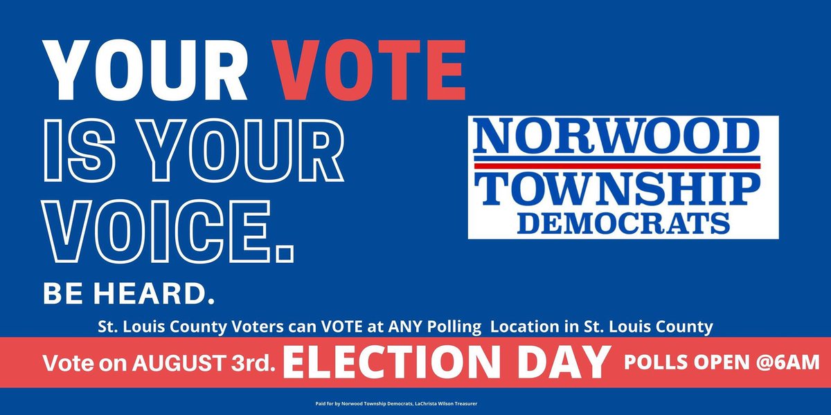 ELECTION DAY TUESDAY AUGUST 3RD POLLS OPEN AT 6AM. REMEMBER IF YOU ARE REGISTERED IN ST LOUIS COUNTY YOU CAN VOTE AT ANY POLLING LOCATION IN ST LOUIS COUNTY.. https://t.co/ZXioLApK5H