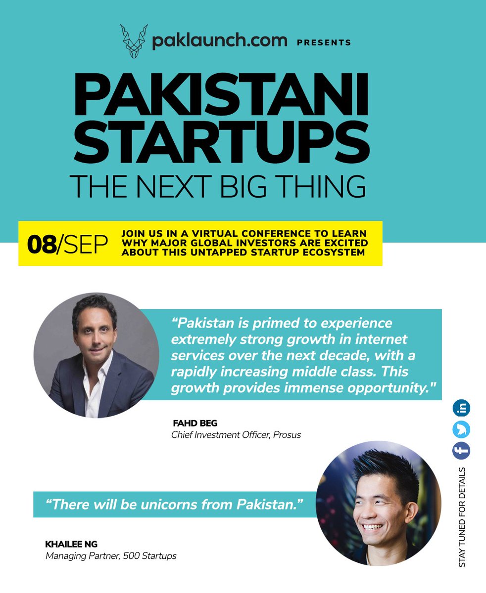 paklaunchdotcom's tweet photo. Pakistan is the largest untapped market and the best opportunity for startups and early-stage VC in the world today. Please join us on 8th September to learn why Pakistani startups are the next big thing.
@aatif_awan
LinkedIn: https://t.co/lvoXjcgpQs
#thenextbigthing https://t.co/NgMSMD1bw7