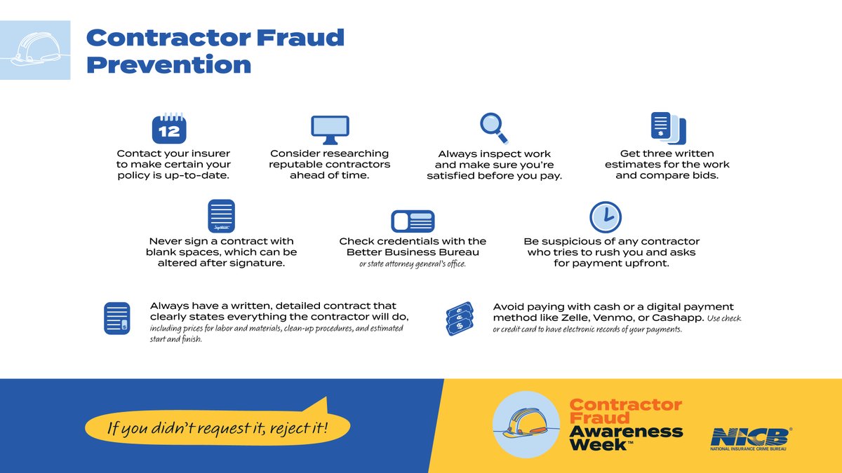 Insurance_Fraud's tweet photo. Spot a shady contractor with these tips below. 

#insurance #fraud #contractor #insurancefraud https://t.co/UlVxh0jPd2