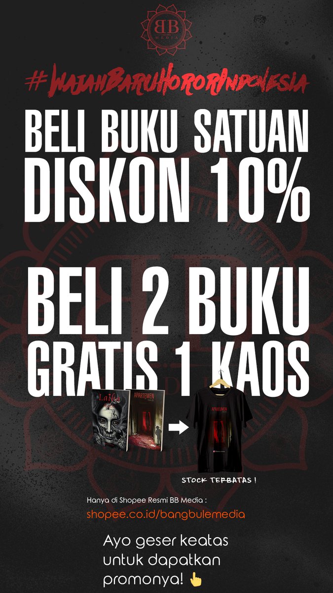 bangbuleoffical's tweet photo. Shopee! https://t.co/wrEtE70Sue……… #shopee #onlineshopping #Sales #beli #bukubaru #penulis #jual #laibadannasir #apartemen12a05 #bule #bangbule #Bali #jakarta #horor #hororthread #membaca #love #LoveStory #sumanto #children #hantu #ghost #author #AuthorLife
@ShopeeID https://t.co/mep5qN8fLM