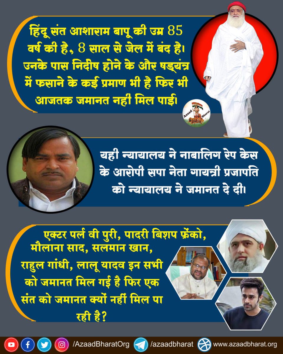 Sant Shri Asharamji Bapu is INNOCENT butconspired in fakeCase.There are various proofsofinnocence.Medical reportof girl is clear and call record of girl had proven that Bapuji is INNOCENT 
Humanity Betrayed
Stand For Human Rights
#अधिकारों_की_सुरक्षा_नहीं