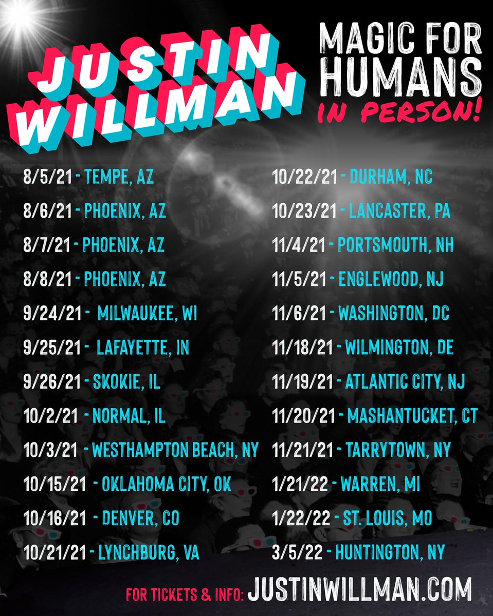 Justin_Willman's tweet photo. The tour starts this weekend in PHOENIX! Then MILWAUKEE, LAFAYETTE, SKOKIE, NORMAL, and more. All shows are all ages so bring the fam and let’s have some fun. Tickets: https://t.co/HZ1MLsv87y #MagicForHumansTour https://t.co/PfO6RPViCQ
