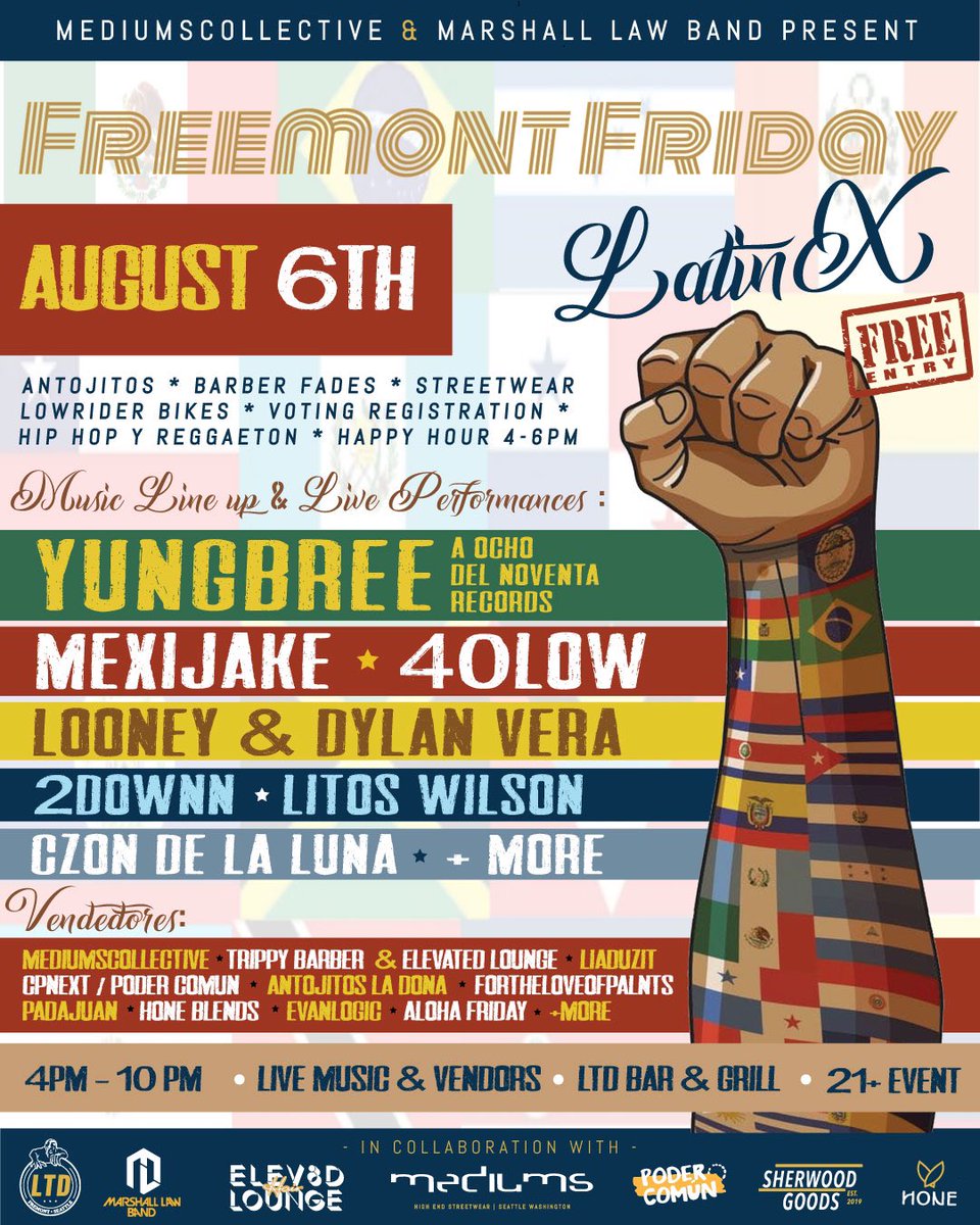 TheMediumsBrand's tweet photo. LATINX Fremont Friday - Aug 6th 🇨🇴🇵🇷🇲🇽🇦🇷🇧🇷🇨🇺🇭🇳🔥🔥🔥🔥💯💯

Come experience the LatinX culture with us!! Lower rider bikes, barber fades, 2000 portrait photos, Antojitos, with a FIREE artist line up!! 

Program starts at 4PM https://t.co/YUBNabcK4m