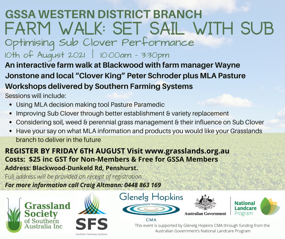 Do you want to learn more about managing sub clover on your farm?

Come along to the farm walk supported by <a href="/Grasslands_Org/">Grassland Society</a> <a href="/SouthernFS/">Southern Farming Systems</a> <a href="/GHCMA/">Glenelg Hopkins CMA</a> @AusLandcare ⁦<a href="/meatlivestock/">Meat & Livestock Australia</a>⁩ 

Don’t forget to RSVP by August 6!
grasslands.org.au