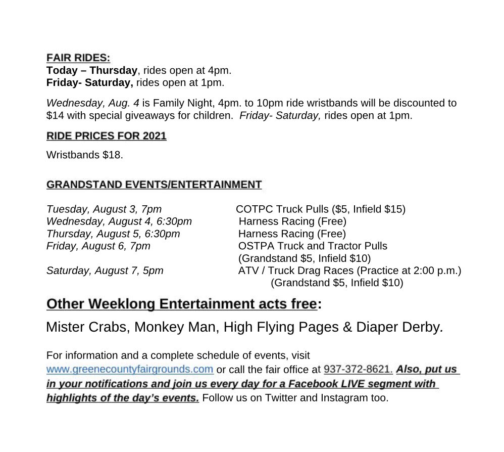 Tuesday at the Greene County Fair and beyond. greenecountyfairgrounds.com