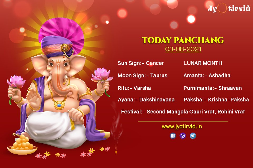 TalkJyotirvid's tweet photo. 🕉️ 🙏Today Panchang - 03 August 2021 🕉️ 🙏
Sun Sign: Cancer; Moon Sign: Tauras
Ritu: Varsha; Ayana: Dakshinayna
Lunar Month
Amanta - Ashadha; Purnimanta - Shravan
Paksha - Krishna-Paksha
Connect with the best astrologer for a consultation visit this link: https://t.co/3xccu8mTbh https://t.co/ZadOn64SmJ