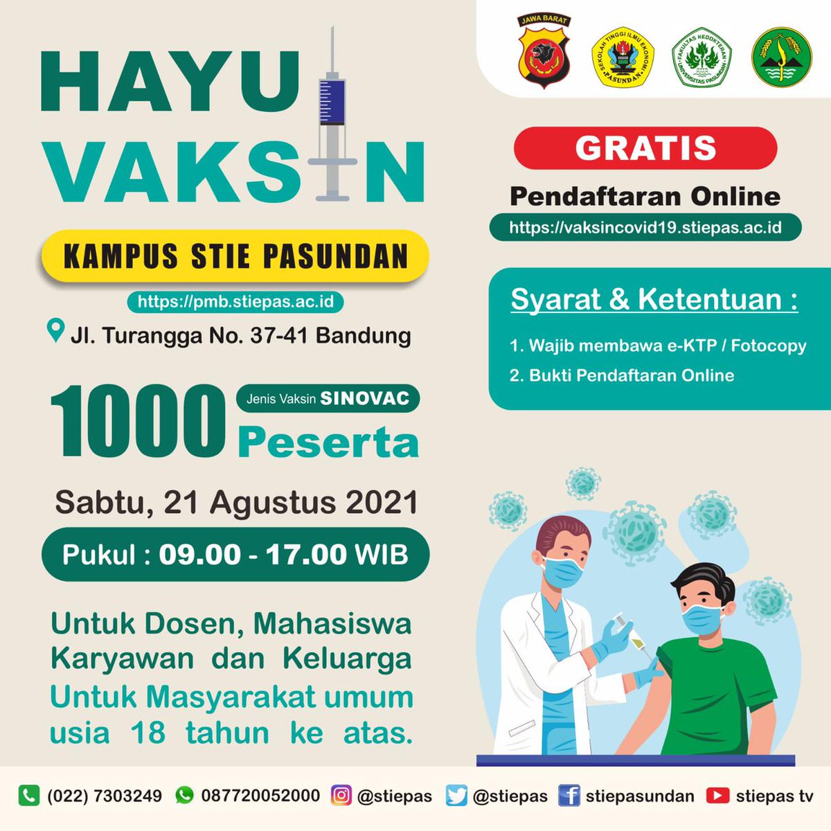 Keluarga STIE Pasundan! Yuuk, vaksin! Registrasi vaksin : vaksincovid19.stiepas.ac.id . Info pendaftaran kuliah pmb.stiepas.ac.id #kuliah #stiepas #StaySafeStayHealthy