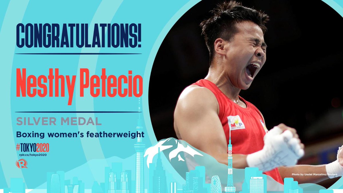 SILVER FOR THE PHILIPPINES!!!

BREAKING NEWS. Nesthy Petecio is now the first Filipina Olympic boxing medalist after winning #SILVER in the Tokyo Olympics women's featherweight class! CONGRATULATIONS, NESTHY! 💪🏻

#Tokyo2020 #Olympics #PHI #Boxing rappler.com/sports/updates…