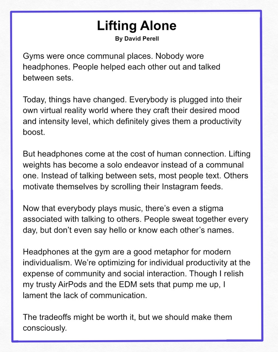 david_perell's tweet photo. A new mini-essay: “Lifting Alone” https://t.co/f1xOzXgFXw