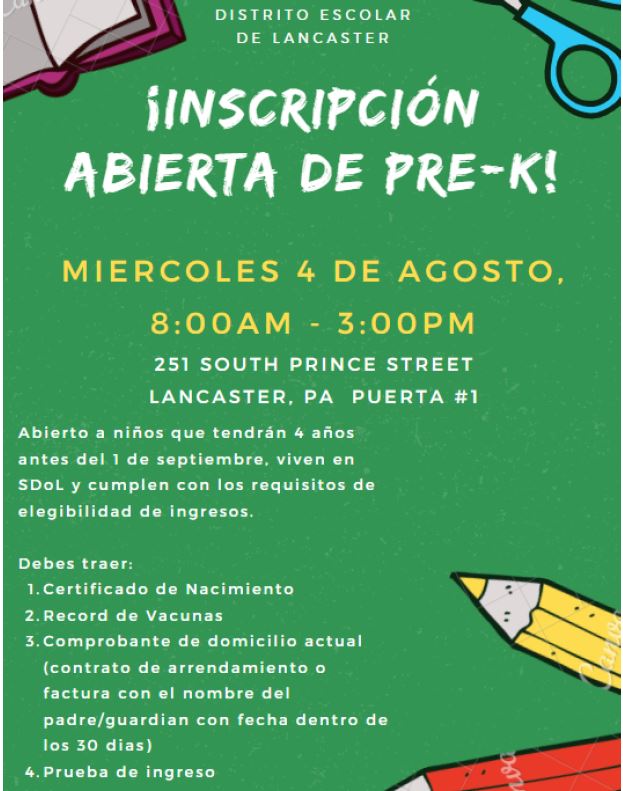 Smith-Wade-El Elementary School (@sdol_swe) on Twitter photo Do you have a child who will be 4 years old by Sept 1st and live in <a href="/SDoLancaster/">School District of Lancaster</a>? You may be eligible for your child to participate in our FREE, full day, PreK program!
You can apply online, or drop by our Open Enrollment event on Wed 8/4 from 8am-3pm
sdlancaster.org/enroll-your-ch… Do you have a child who will be 4 years old by Sept 1st and live in <a href="/SDoLancaster/">School District of Lancaster</a>? You may be eligible for your child to participate in our FREE, full day, PreK program!
You can apply online, or drop by our Open Enrollment event on Wed 8/4 from 8am-3pm
sdlancaster.org/enroll-your-ch…