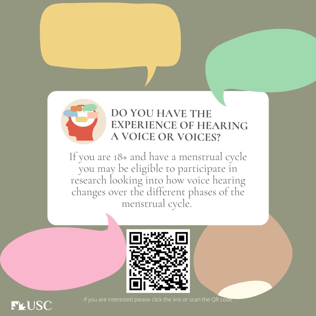 rachelmbrand's tweet image. Do voice hearing experiences vary at different phases of the menstrual cycle? If you have a menstrual cycle and hear voices, please consider taking part in this research study I am working on with student Kirstyn van Niekerk. Full info here: bit.ly/3yhhAV8 Pls retweet!