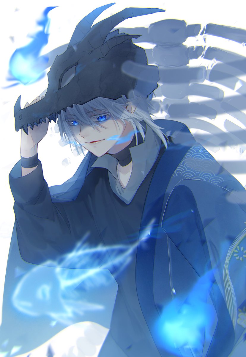 blue fire 1boy male focus blue eyes fire solo white hair  illustration images