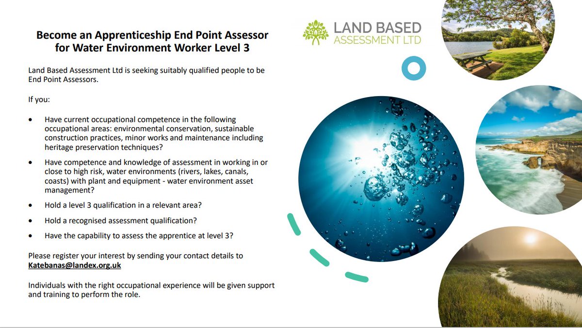 Become an Apprenticeship End Point Assessor for Water Environment Worker level 3

Land Based Assessment Ltd is seeking suitably qualified people to be End Point Assessors

Please register your interest by emailing Katebanas@landex.org.uk