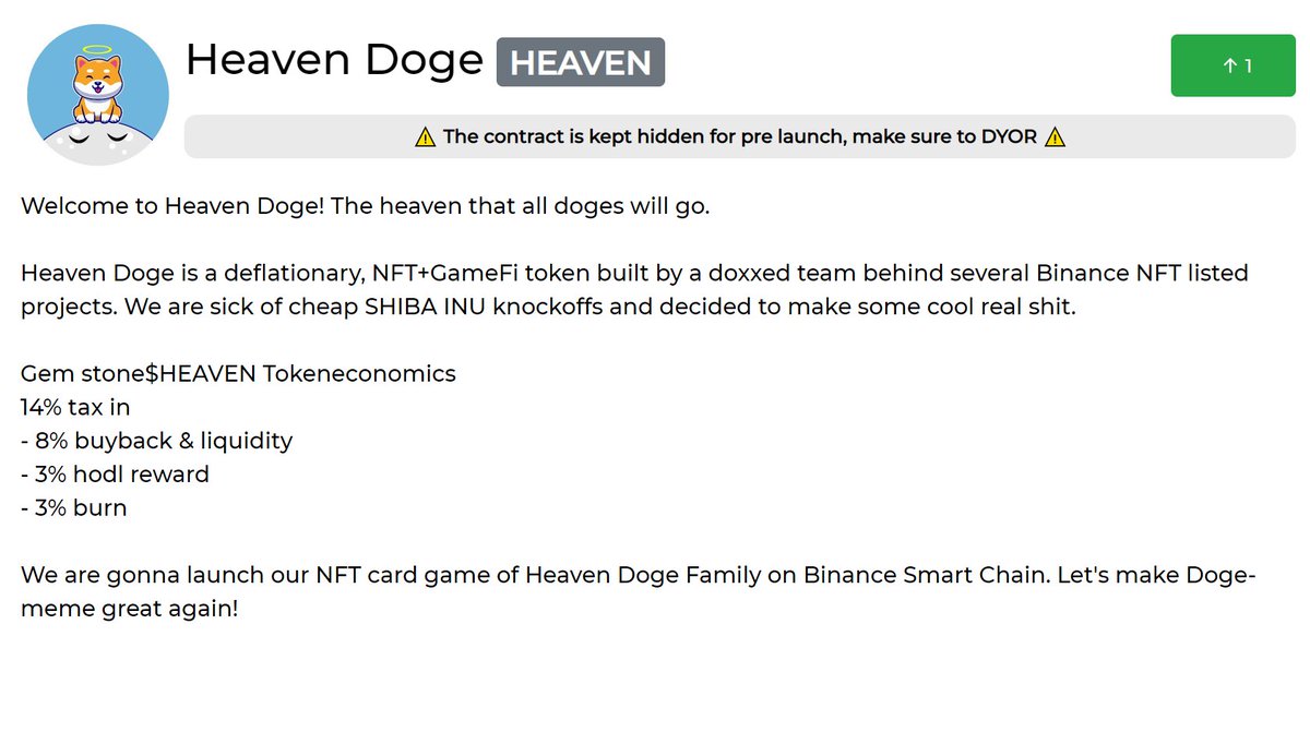 Some amazing fellow community member helped add #heavendoge to 
<a href="/CoinhuntCC/">Coinhunt</a>
 without letting us know!

This is just how amazing it could be when you have a community with good energy ⚡⚡⚡

Upvote for Heaven Doge and let's bring it to the topppp! 🔝🔝🔝

coinhunt.cc/coin/1802341411