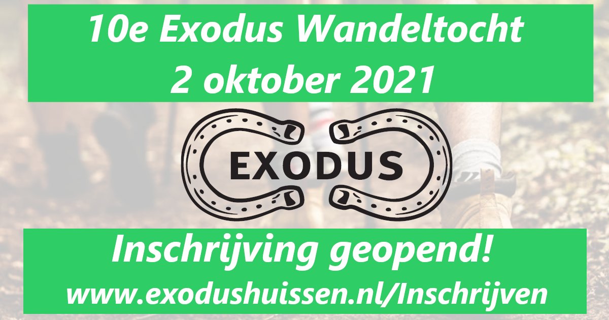 De inschrijving voor de Exoduswandeltocht op zaterdag 2 oktober 2021 is geopend! Afstanden: 10, 17, 25 en 45,5 kilometer
Inschrijven via exodushuissen.nl/inschrijving Het thema van de wandeltocht is 'vrijheid'. We zien je graag op 2 oktober 2021 om in Vrijheid met ons mee te wandelen.