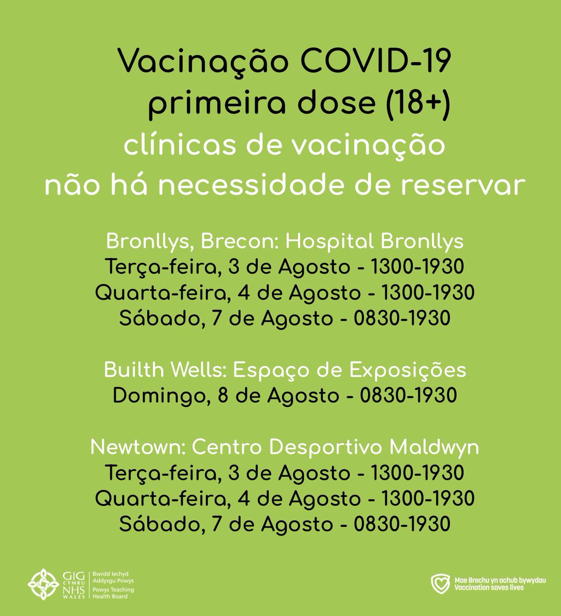 NHSAdrianO's tweet photo. COVID-19 vaccination is available for EVERYONE living in Powys.

#Vaccination #Brechu #Vacunación #Vaccinazione #Vacinação 

https://t.co/cGng89oeAh https://t.co/sDXMknPlxM