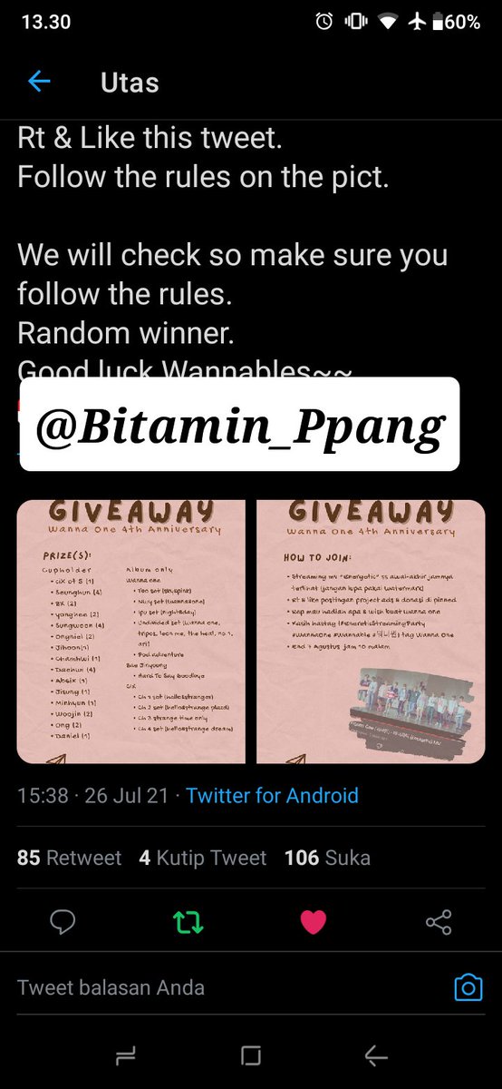 Bitamin_Ppang's tweet photo. @mafiawannable All i wann do! Wannaone! Gaterasa udah 4 tahun ya? Wish buat wannaone, semoga mereka sukses dijalannya masing2. Semoga mereka dpt reuni kembali suatu saat nanti Aamiin. Mau album undivided wannaone/ Leon me. Wml~
#EnergeticStreamingParty #WannaOne #Wannable #워너원 @WannaOne_twt https://t.co/d1Nxhs7lC1