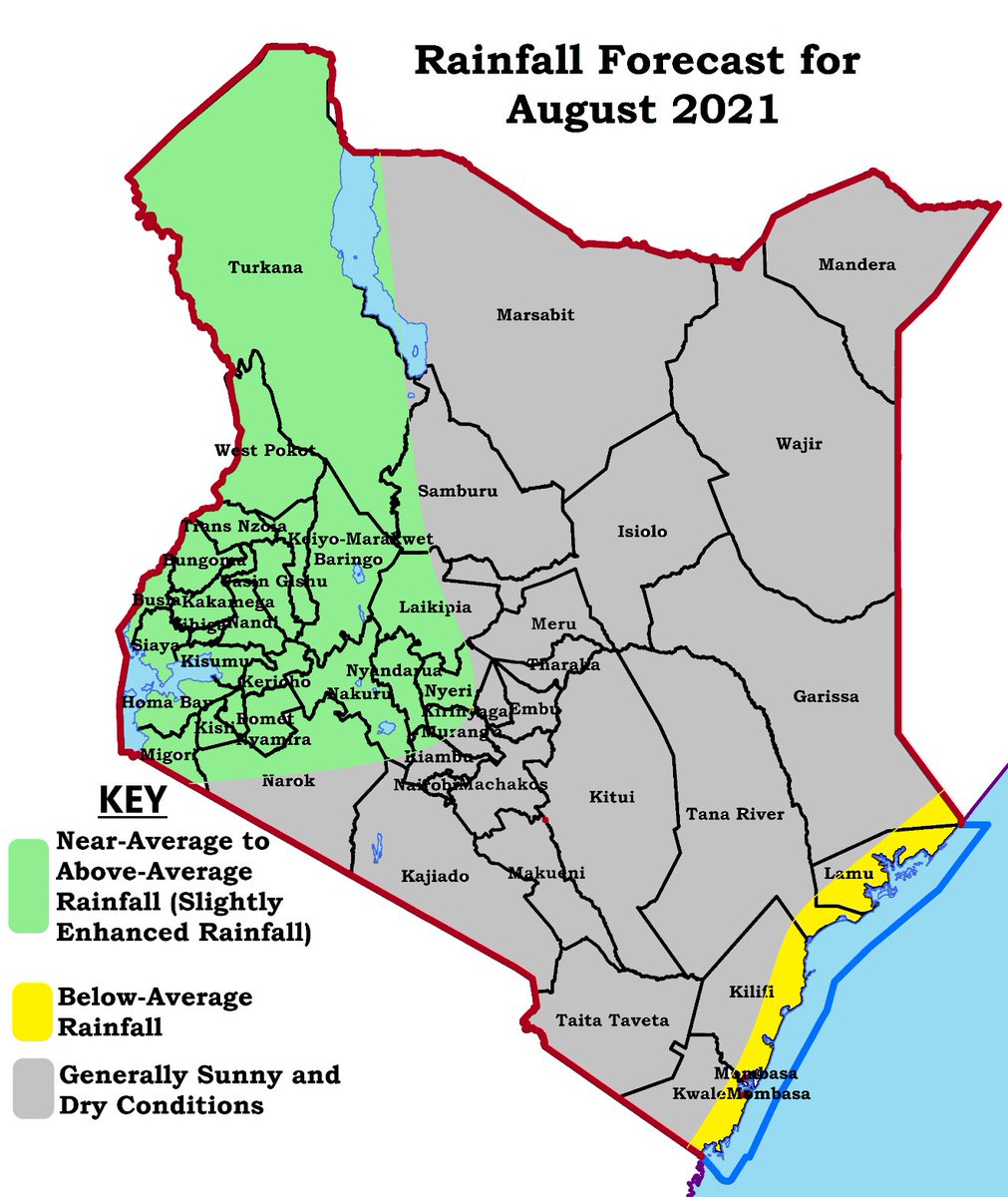 MeteoKenya's tweet photo. Rainfall Forecast for August 2021

🌡️The month of August marks the cessation of the cold season especially over the Highlands East of the Rift Valley (including Nairobi County). The temperature outlook for August 2021 indicates that the Highlands East of the Rift Valley https://t.co/o7Is9jkYC9