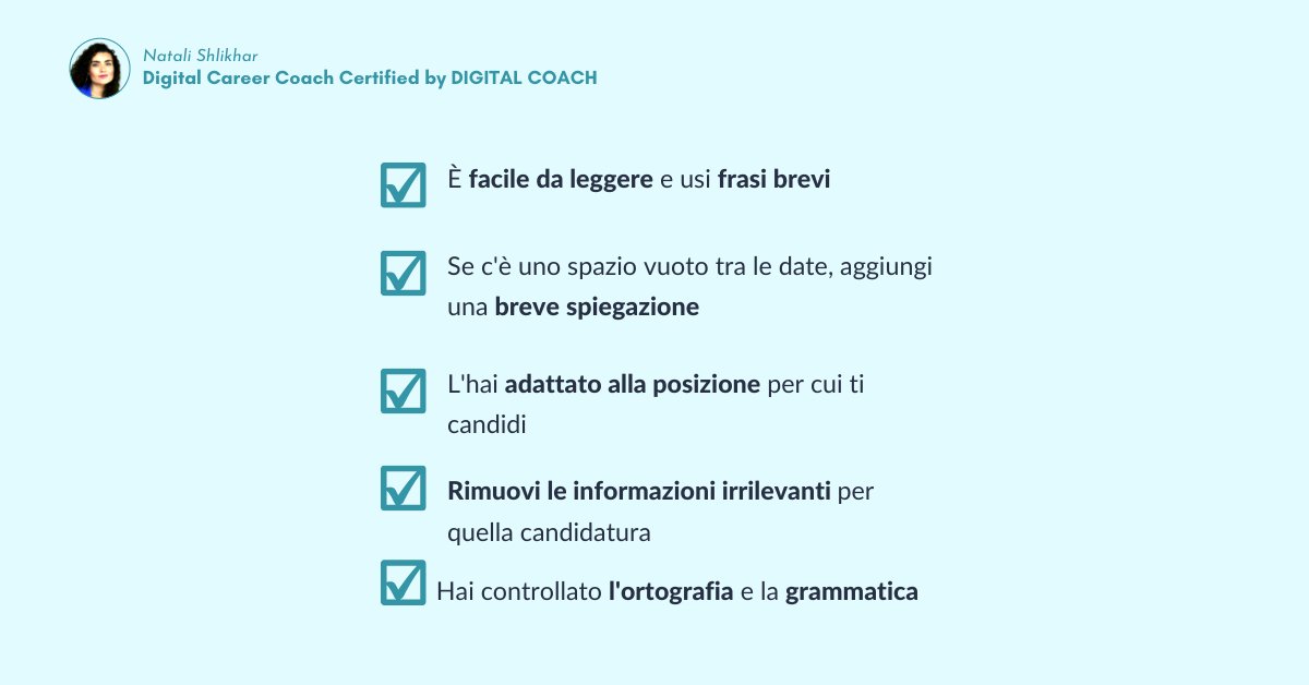ShlikharNatali's tweet photo. π©π»βπΌ Ecco allora una pratica e veloce checklist per revisionare il tuo CV in poco tempo, prima che arrivi nelle mani del selezionatore aziendale. Che ne pensi? PuΓ² essere utile?
#curriculum #cv #pillolecv #cvefficace @digital-coach
---
Vuoi un aiuto per scrivere un CV? scrivimi :) https://t.co/zWGZlT7QHE