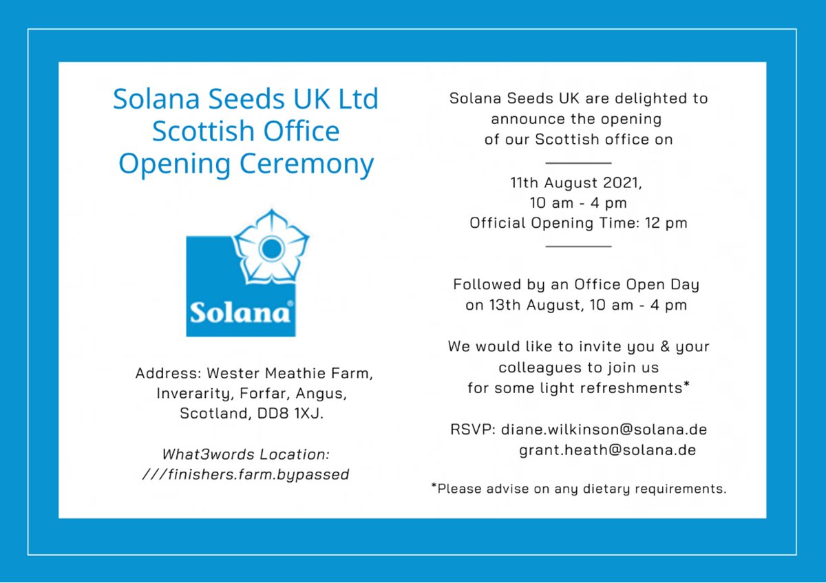 We are delighted to welcome all to the official opening of our Scottish Office on Wednesday the 11th of August!

We look forward to seeing as many of you as possible at Wester Meathie to celebrate the launch of our Scottish Office!