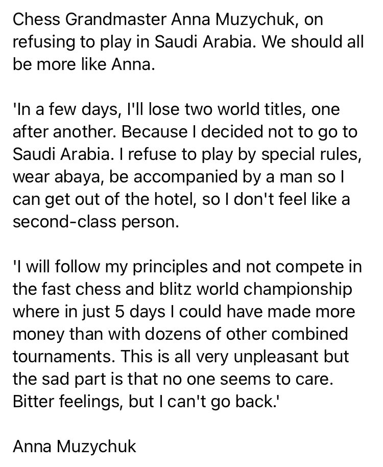 This is chess grandmaster Anna Muzychuk; her story is worth a minute to read.