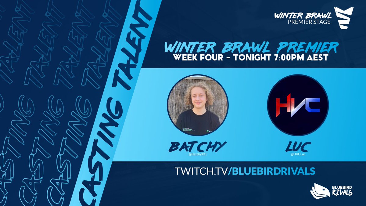 Introducing the production crew for the final week of the #WinterBrawlPremier❄️

🎙️ <a href="/BatchyXo/">Batchy</a> &amp; <a href="/HVCLuc/">HVC Luc</a> 
🎥 <a href="/ItsPaybackHere/">Dwayne "The Pebble" aka Payback</a> (Broadcaster/Observer) &amp; <a href="/jimiOCE/">jimi</a> (Lobby Master)

Who will make it to the Finale?
➡️ twitch.tv/bluebirdrivals
