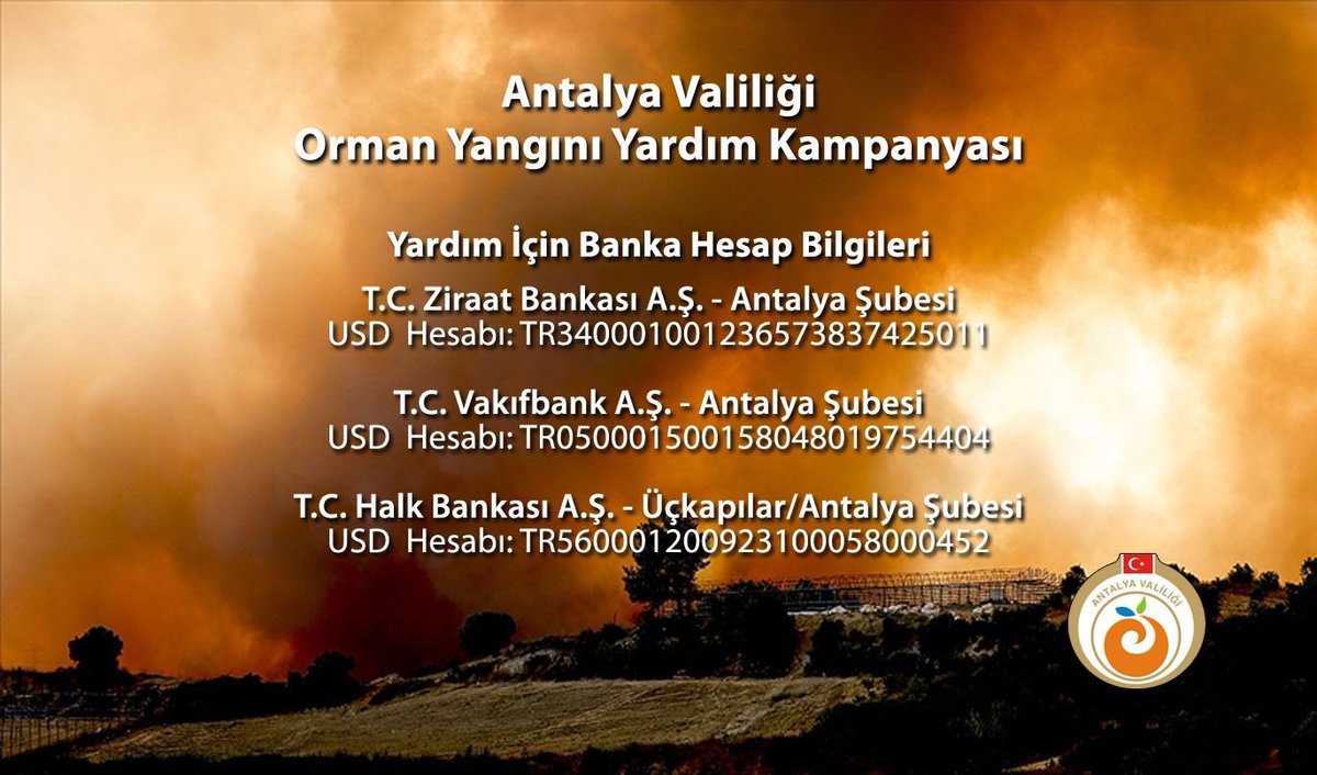 TrabzonValilik's tweet photo. Yardım Kampanyası 

Antalya’da meydana gelen orman yangınlarından etkilenen vatandaşlarımızın acılarının hafifletilmesi ve yaralarının sarılması amacıyla Antalya Valiliğimizce başlatılan yardım kampanyasına destek olabilirsiniz👇🏻 https://t.co/MNP6sDa5fg