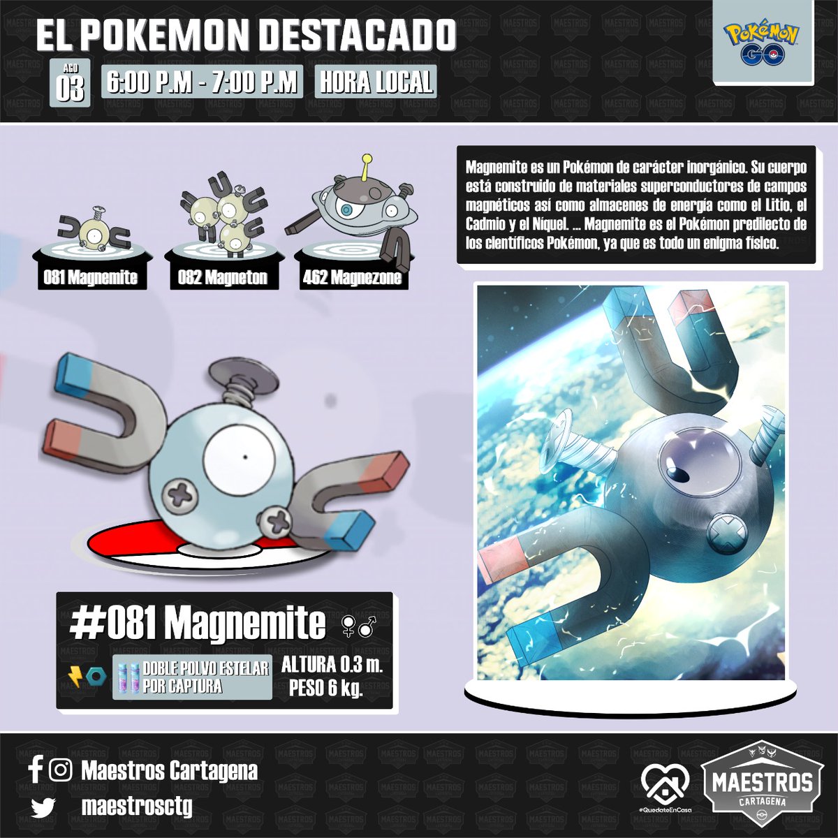 maestrosctg's tweet photo. ¡Maestros, recuerden!
#Magnemite es el Destacado. 

Fecha ➡️ Martes 0⃣ 3⃣ de Agosto 
Hora ➡️ 6:00 p.m. 7:00 p.m.

Tipo (Eléctrico - Acero) 

Bono ⬇️
(Doble de Polvo Estelar por Captura)

Diseño: @JavittoEspinosa 

#pokemon #PokemonGO #PokemonGOApp  #niantic #cartagena #colombia https://t.co/0xgbovvZja