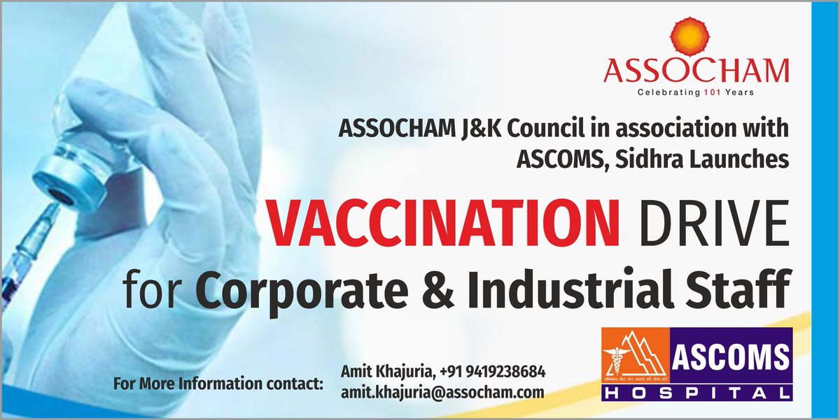 ASSOCHAM4India's tweet photo. Got the shot?💉 Get your staff vaccinated now!😷
#ASSOCHAM J&K Council in association with #ASCOMS Hospital, Sidhra launches ‘Vaccination Drive for Corporate & Industrial staff’ in #JammuKashmir.
#IndiaFightsCOVID19
@diprjk @OmarAbdullah https://t.co/HWz2VmnVJI