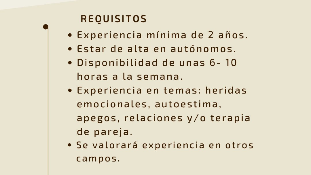 BUSCO PSICÓLOGAS ¿Quieres formar parte de mi equipo? Se ofrece formación y supervisión de casos. Para temas de autoestima, apegos, heridas emocionales, terapia de pareja y relaciones. REQUISITOS INDISPENSABLES CV a info@psicologamartacastelos.com #sebuscapsicologa #psicóloga