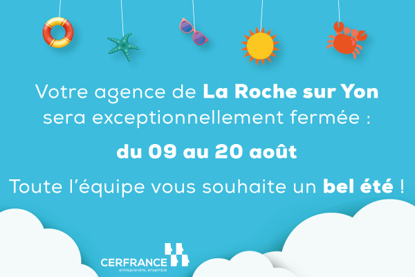 MPCERFRANCE85's tweet photo. Fermeture estivale de votre bureau -9 impasse Ampère- du 09 au 20 aout 2021 #adherents #CFlarochesud @cerfrance85 https://t.co/G8T9L5jpTt