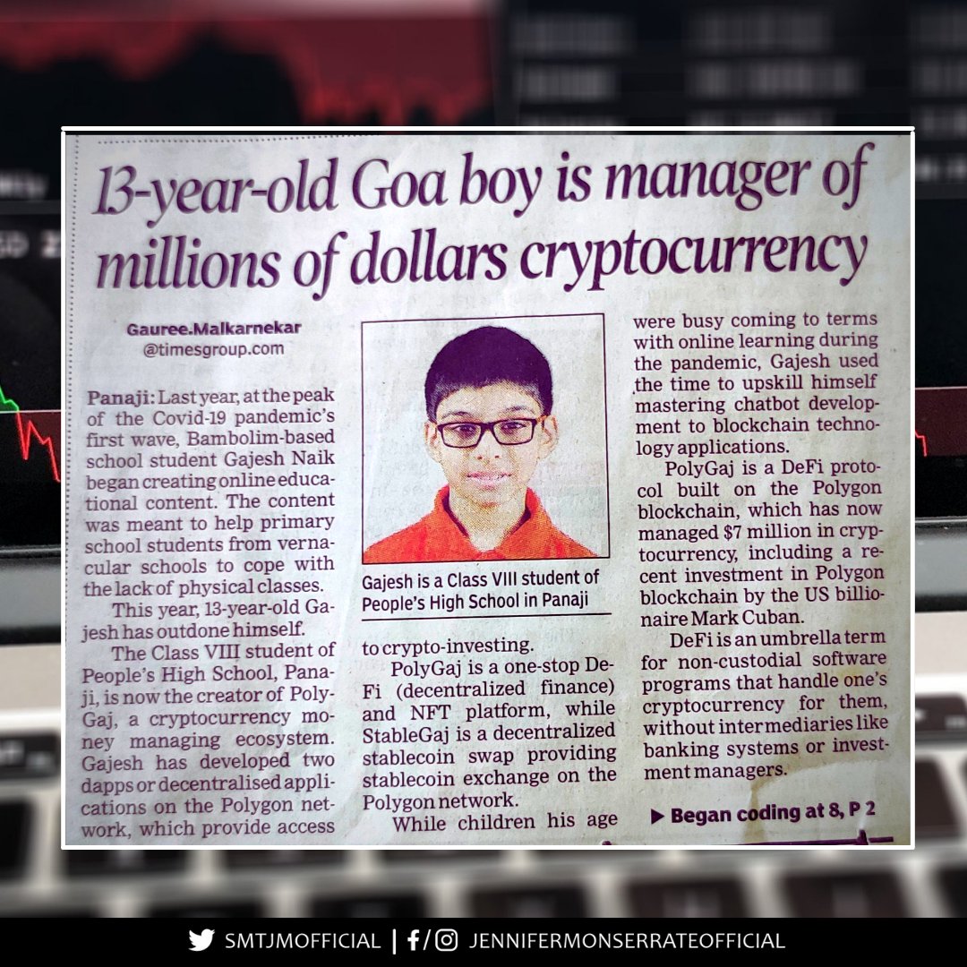 Congratulations to Gajesh Naik (@robogajesh) for creating #Polygaj — a  cryptocurrency managing ecosystem. As the IT Minister of #Goa, I am very  proud to hear about the achievements of our young minds