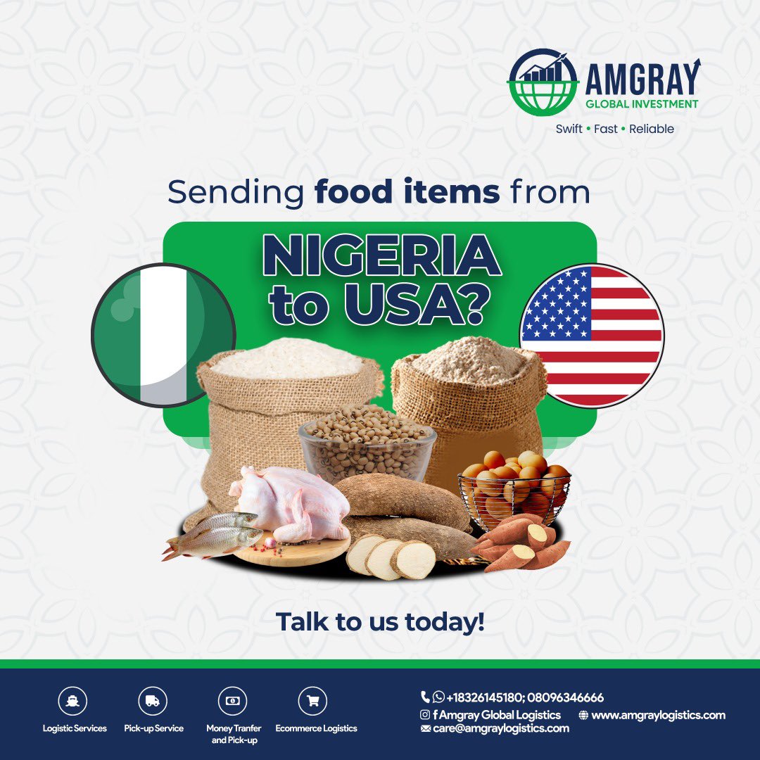 AmgrayL's tweet photo. Sending food items from Nigeria to USA make easy and affordable. 

Visit any of our offices in Nigeria to drop off your package or waybill to us. 

For more information kindly send us a Dm or give us a call 08096346666 // 07047000126
#logistics #BBNaijia #tuesdaymotivations https://t.co/z39aVwng5Z