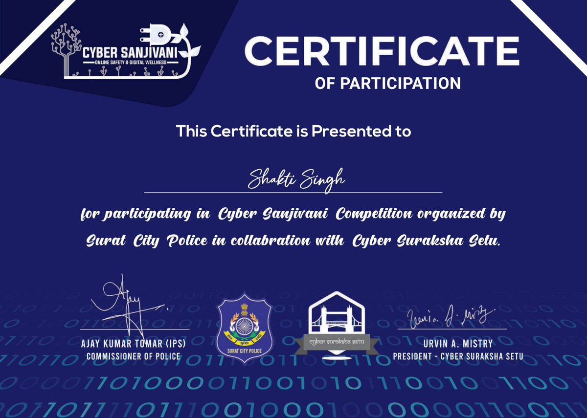 A secure system is one that does what it is supposed to. 
Great initiative @CP_SuratCity @CyberSanjivani  #CyberSurakshaSetu #CyberSecurityKnowledgeQuiz 
Thanks for #AppreciationCertificate  
In digital era, #privacy must be a priority
#cybersecurity #safety #security #Gujarat