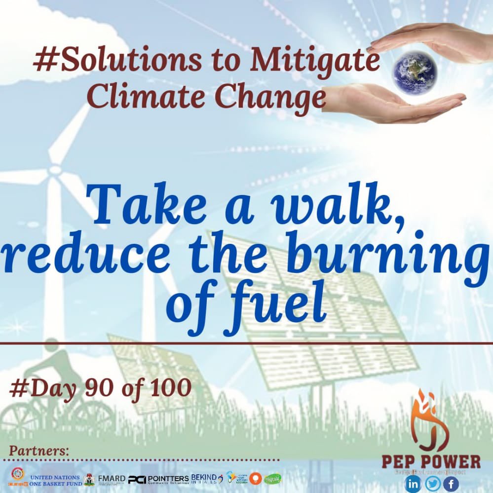 pep_power's tweet photo. ♻️ Solutions to mitigate climate change ♻️
🌴Day 90/100🌳
"Take a walk, reduce the burning of fuel"
#Fact #Environment #PepWorkshop #Impact #ClimateChange #Solutions #PowerTraining @olamidurodola @FmardNg https://t.co/wwr0K9uVgO