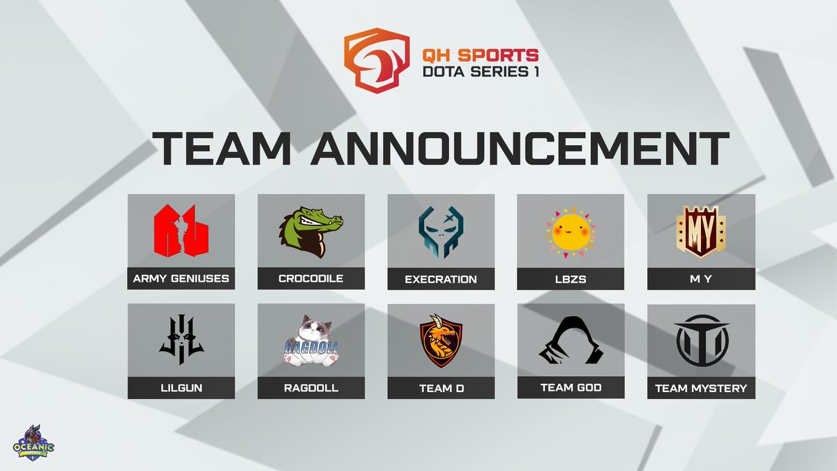 OceanicEsportGG's tweet photo. The teams partcipating in the QH Sports - Dota Series 1!

SEA: @armygeniuses, @ExecrationGG, M Y, Lilgun, Team D, Team God &amp; Team Mystery

China: Crocodile, LBZS &amp; Ragdoll

Group stage begins August 9th 📆 See you then 👀

#QHSERIES #DOTA2 #ESPORTS https://t.co/J2G9S5YJm3
