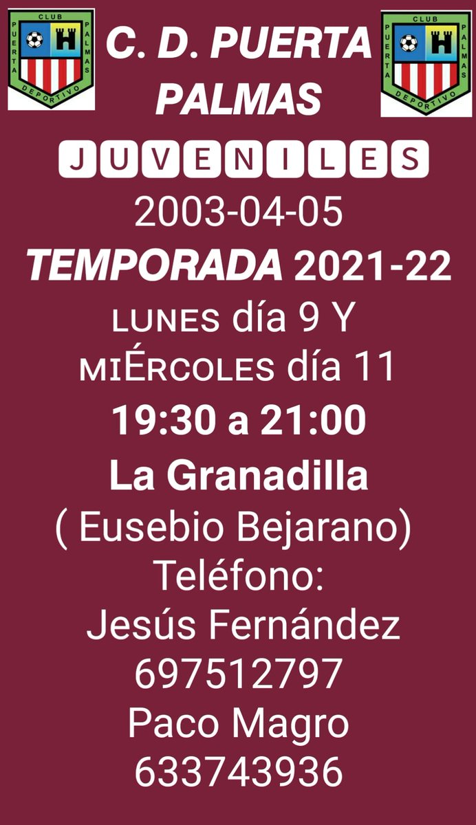 𝘾. 𝘿. 𝙋𝙐𝙀𝙍𝙏𝘼 𝙋𝘼𝙇𝙈𝘼𝙎 
Empezamos con los 𝙅𝙪𝙫𝙚𝙣𝙞𝙡𝙚𝙨 para esta 𝙏𝙚𝙢𝙥𝙤𝙧𝙖𝙙𝙖 2021-22
Primeros entrenamientos para los juveniles nacidos en los años 2003-04-05.