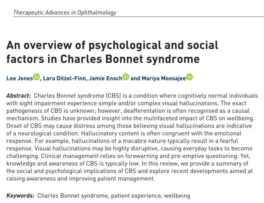 Therapeutic Advances in Ophthalmology (@taophthalmology) on Twitter photo Good morning Twitter!
We have a really interesting review for you by
Lee Jones, <a href="/LaraDitzel_Finn/">Lara Ditzel-Finn</a>, <a href="/jamie_enoch/">Jamie Enoch</a> & <a href="/MariyaMoosajee/">Prof Mariya Moosajee</a>:
What is the role of psychological and social factors in Charles Bonnet syndrome Charles Bonnet syndrome? 🔓
journals.sagepub.com/doi/full/10.11… <a href="/esmesumbrella/">Esme's Umbrella</a> Good morning Twitter!
We have a really interesting review for you by
Lee Jones, <a href="/LaraDitzel_Finn/">Lara Ditzel-Finn</a>, <a href="/jamie_enoch/">Jamie Enoch</a> & <a href="/MariyaMoosajee/">Prof Mariya Moosajee</a>:
What is the role of psychological and social factors in Charles Bonnet syndrome Charles Bonnet syndrome? 🔓
journals.sagepub.com/doi/full/10.11… <a href="/esmesumbrella/">Esme's Umbrella</a>