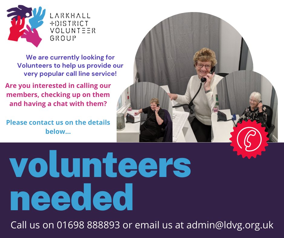 LarkhallVolGrp's tweet photo. We are looking for VOLUNTEERS to help with our ever growing Call Line Service, a lifeline for some people during lockdown and even now it is very important for us that all our call line members receive their calls. 
#charityfamily #LDVG #supportlocalcharity #volunteer https://t.co/9E9Uo5L1Wm