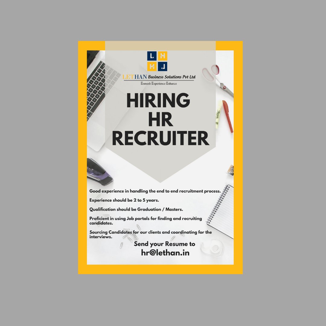 LethanLtd's tweet photo. We are HIRING HR RECRUITER
Interested candidates send your resume to hr@lethan.in
 #jobstirupati #jobsearch #HRhiring https://t.co/P7dJbnxTQB